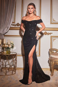Black, Green, Blue Off-Shoulder Sequin Gown with Slit and Draped Neckline  CDCH144