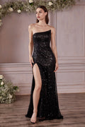 Black, Royal Blue & Champagne One-Shoulder Sequin Gown | High Slit Sparkling Formal Dress CH165