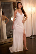 White Sequin Spaghetti Strap Gown | V-Neck Slim Fit Formal Dress with High Slit  CDCH225W