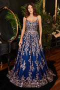 Royal Blue & Gold Embroidered Ball Gown | Glittering Floral Formal Dress with Spaghetti Straps  CDCM323