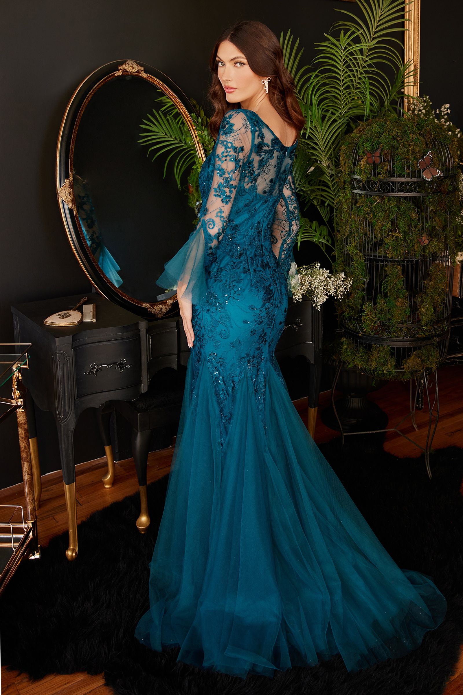 Teal Lace Mermaid Gown with Sheer Bell Sleeves and Deep V-Neck  CDCM327