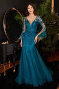 Teal Lace Mermaid Gown with Sheer Bell Sleeves and Deep V-Neck  CDCM327