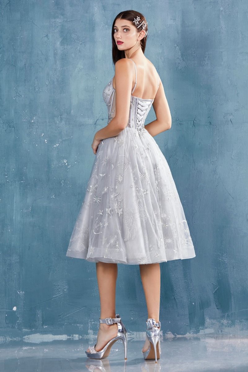 Constellation Corset Tulle A - Line Sheer Bodice Midi Cocktail Dress CDA0823 - PrimePick