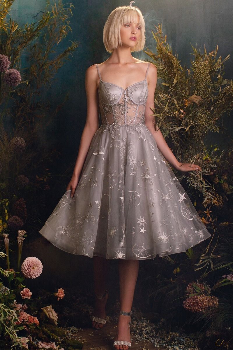 Constellation Corset Tulle A - Line Sheer Bodice Midi Cocktail Dress CDA0823 - PrimePick