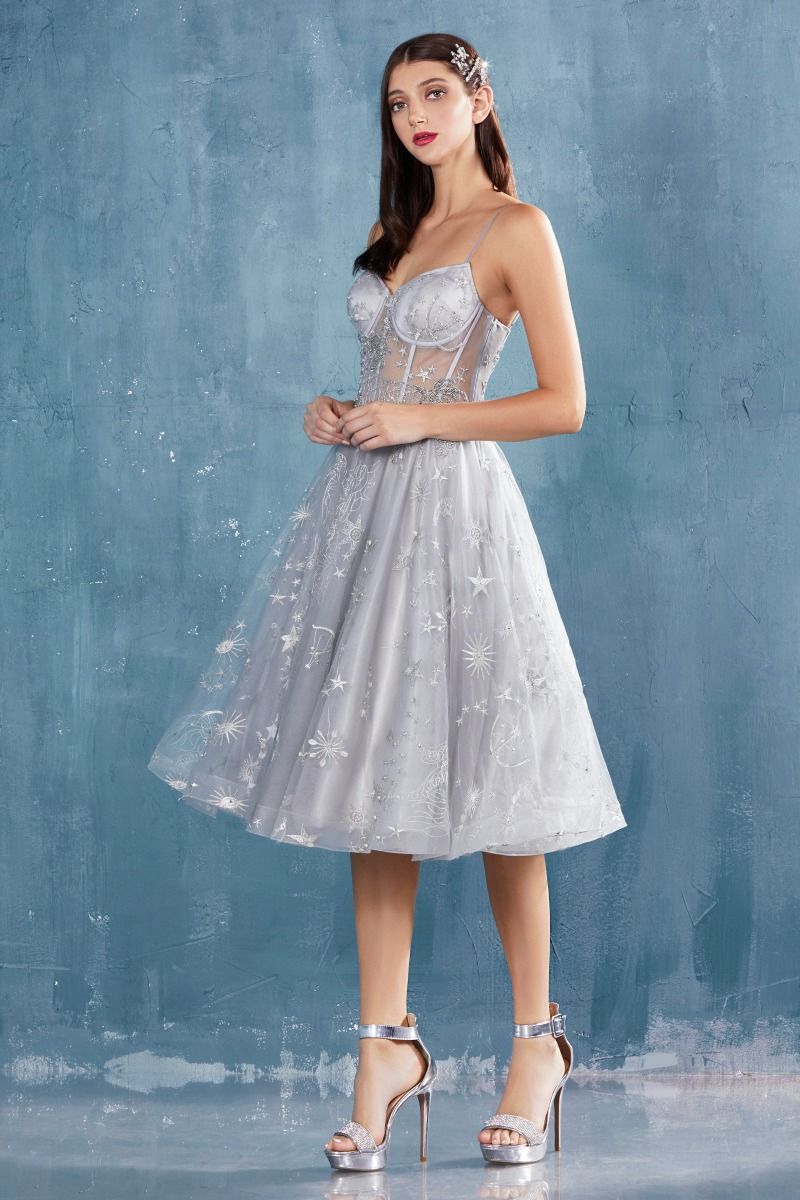 Constellation Corset Tulle A - Line Sheer Bodice Midi Cocktail Dress CDA0823 - PrimePick