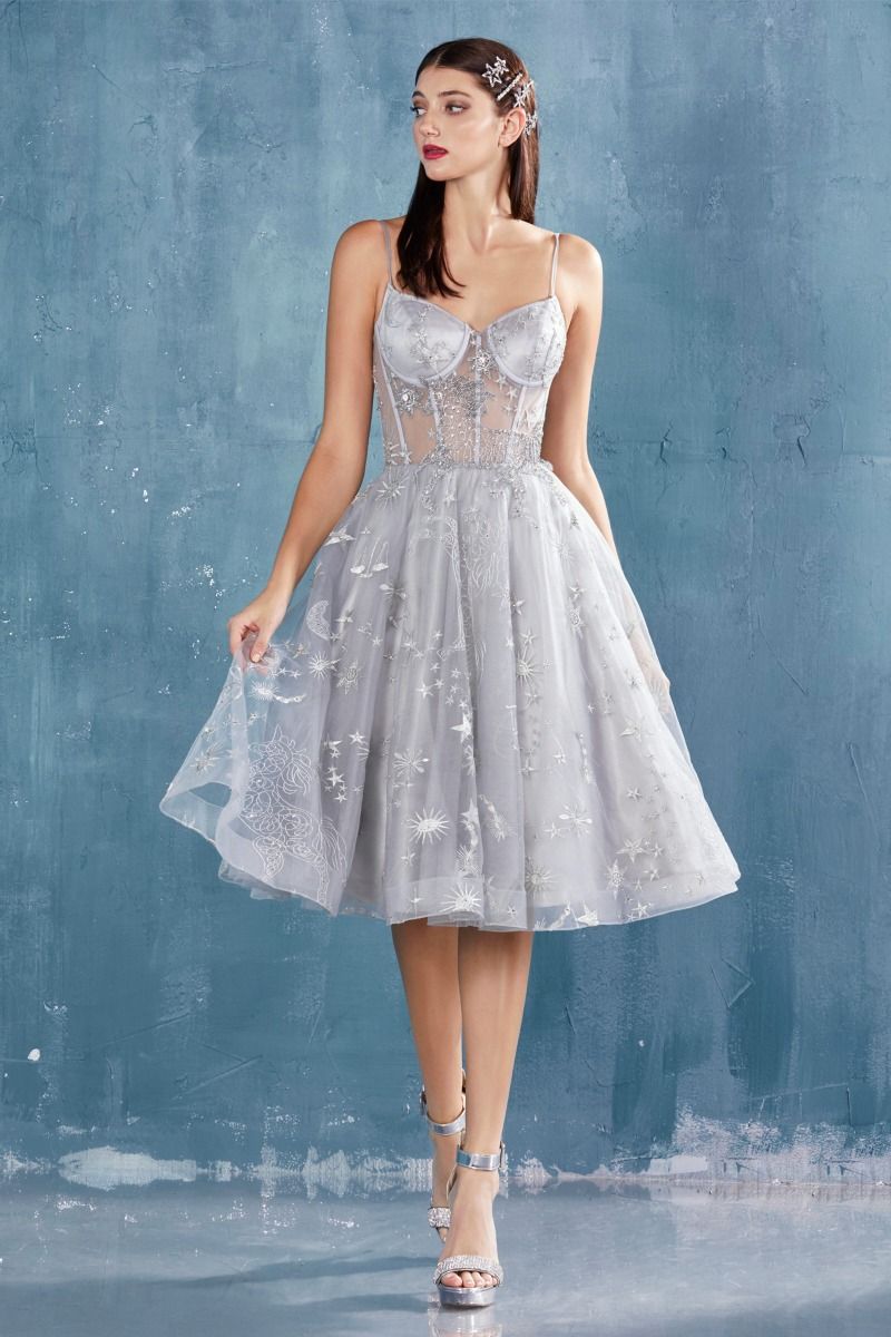 Constellation Corset Tulle A - Line Sheer Bodice Midi Cocktail Dress CDA0823 - PrimePick