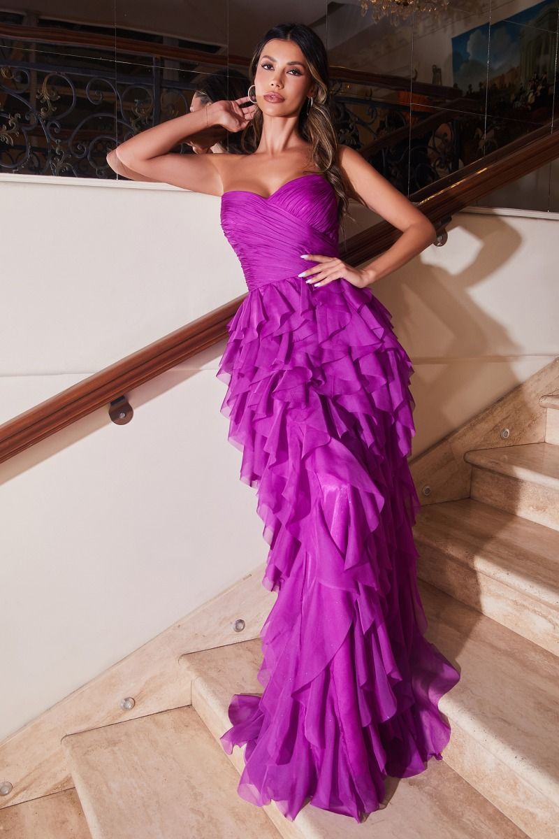 Purple, Black, Green, Red Strapless Layered Ruffle Tulle Gown  CDCZ0027