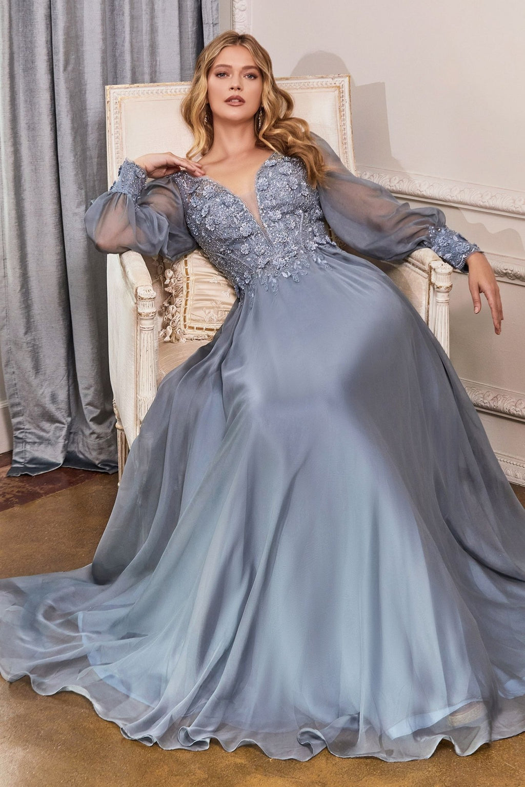 Elegant Long Puff Sleeves A - Line Chiffon Embellished V - Neck Long Evening & Prom Dress CDCD0183 - PrimePick