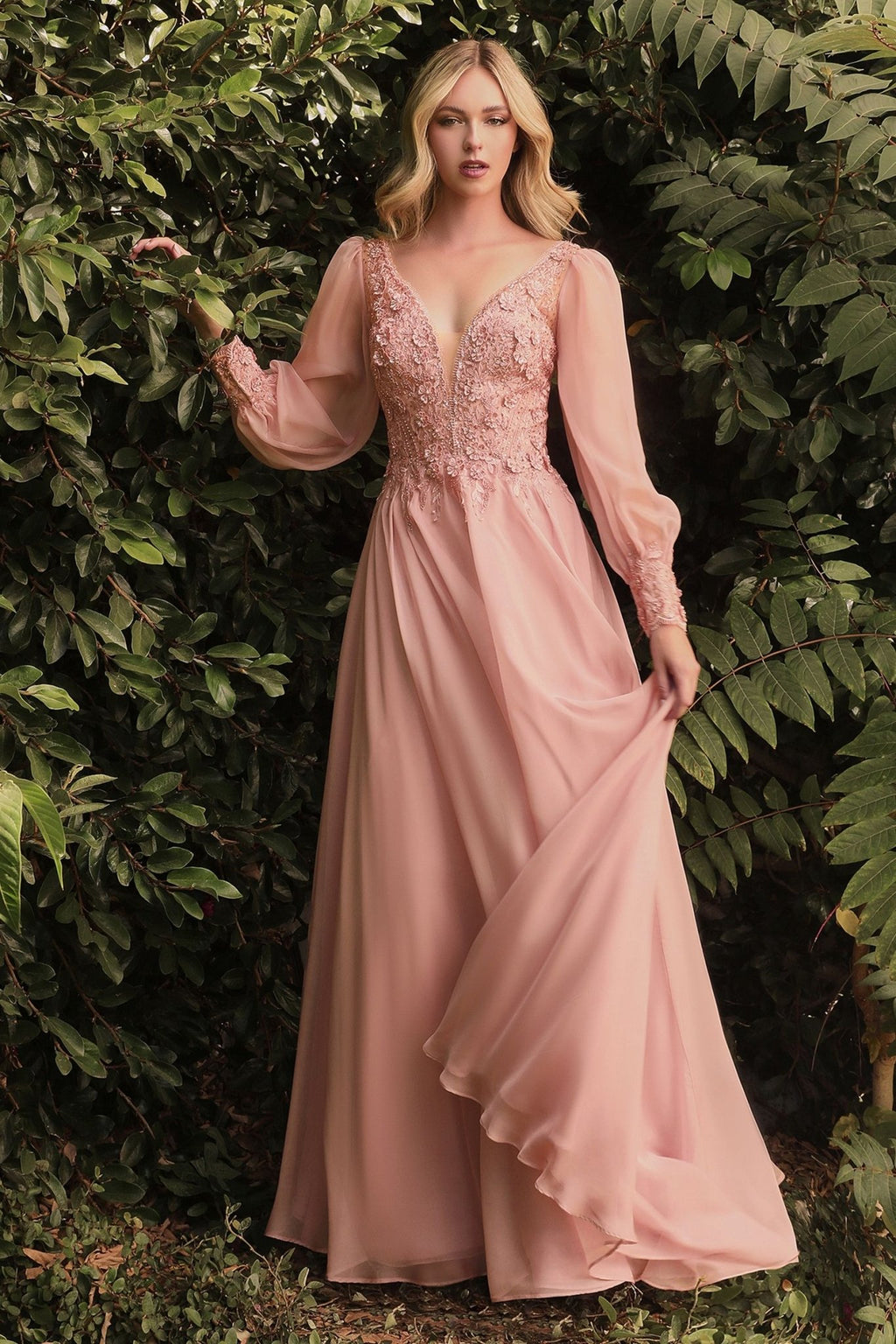 Elegant Long Puff Sleeves A - Line Chiffon Embellished V - Neck Long Evening & Prom Dress CDCD0183 - PrimePick