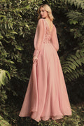 Elegant Long Puff Sleeves A - Line Chiffon Embellished V - Neck Long Evening & Prom Dress CDCD0183 - PrimePick