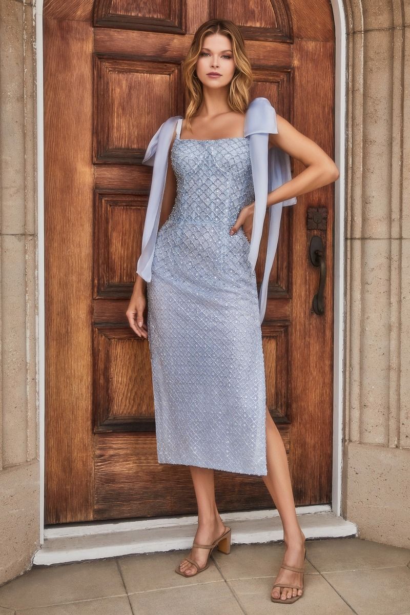 Embellished Glitter Netting Bow Tie Straps Midi Cocktail Dress CDA1110 - PrimePick