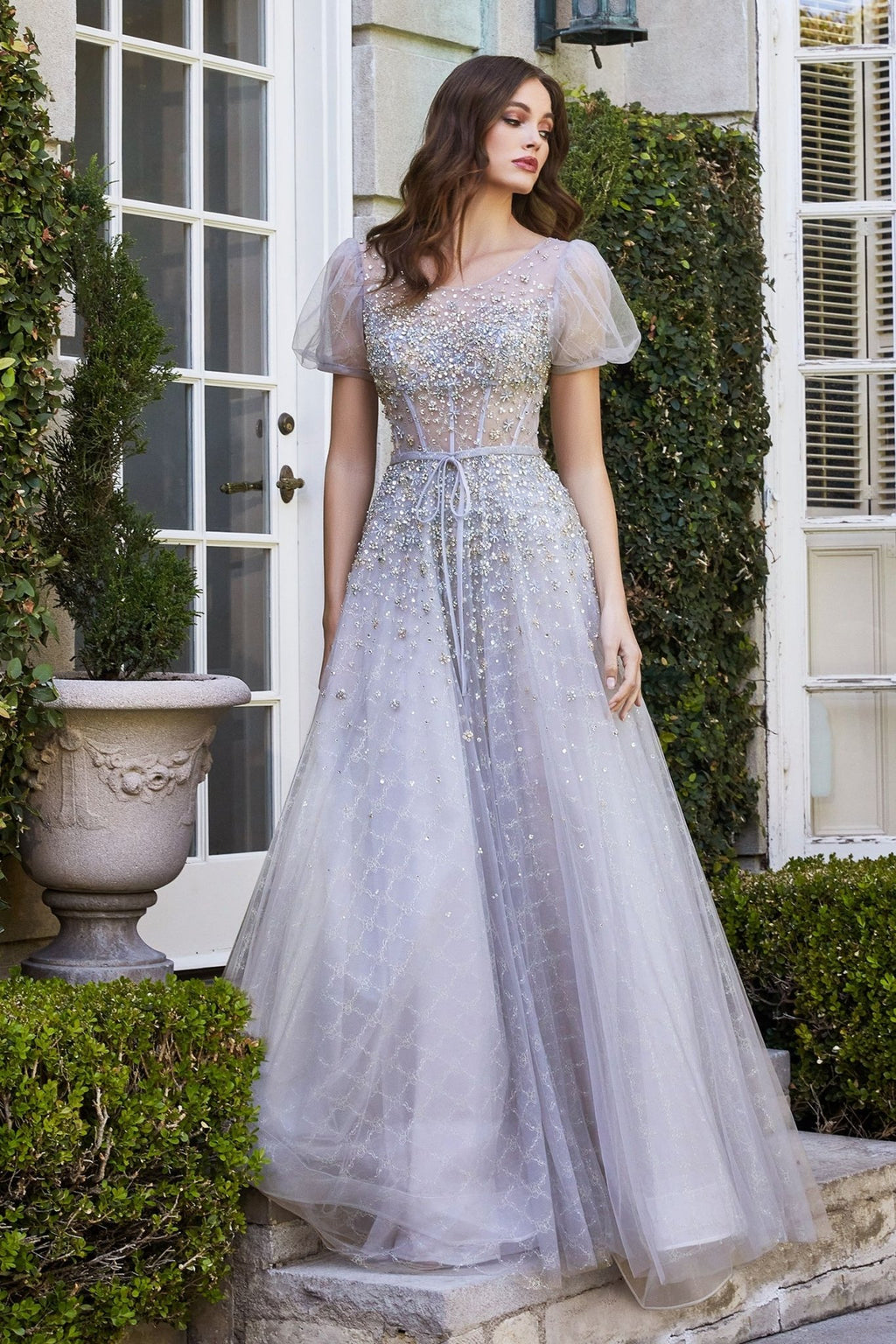 Embellished Sequin Sheer Bodice Laced Corset Embroidered A - line Long Ball Dress CDB708 - PrimePick
