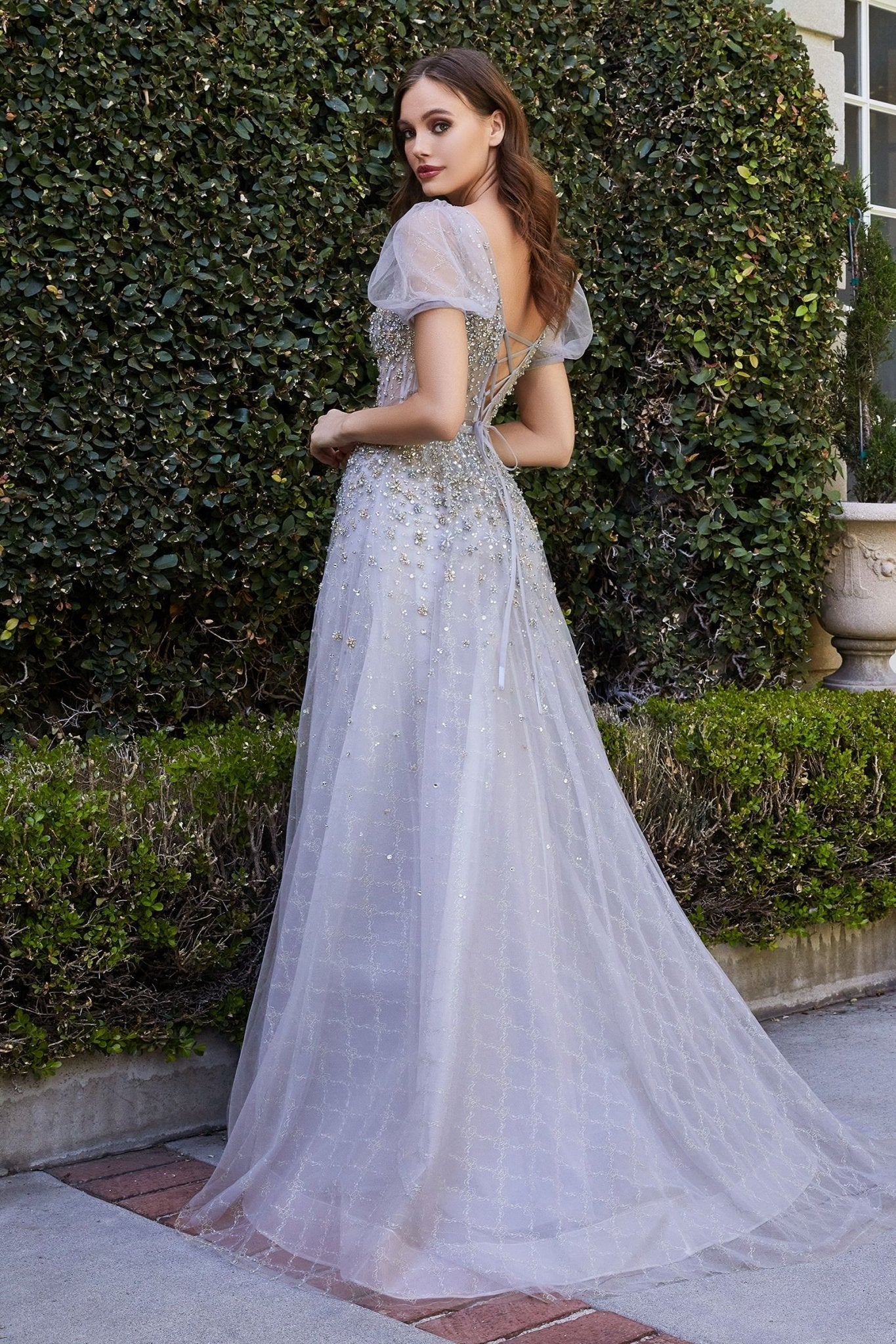 Embellished Sequin Sheer Bodice Laced Corset Embroidered A - line Long Ball Dress CDB708 - PrimePick