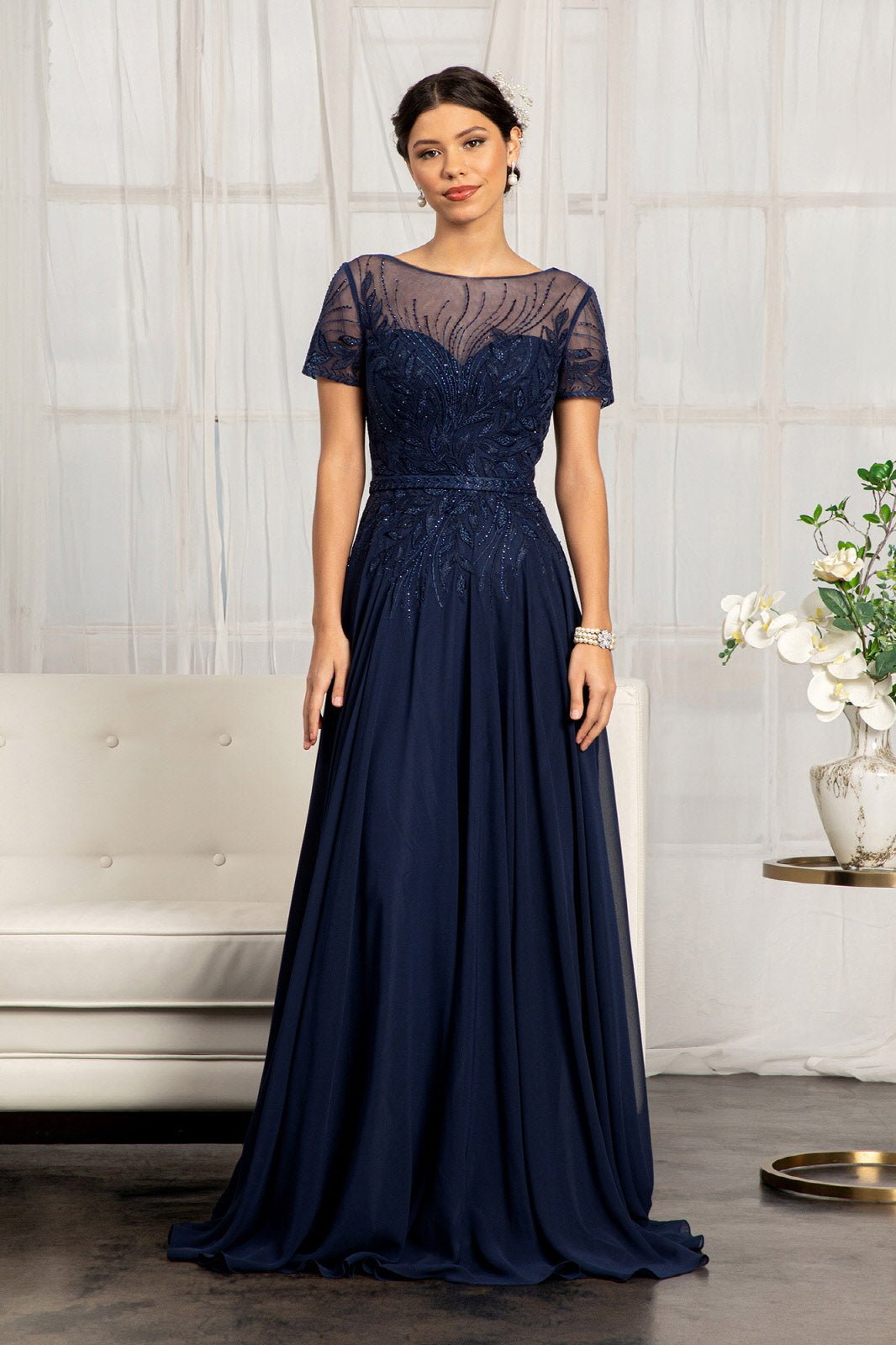 Embroidered Chiffon A-line Short Sleeves and Waistband Long Mother Of The Bride Dress GLGL3067 Sale - PrimePick