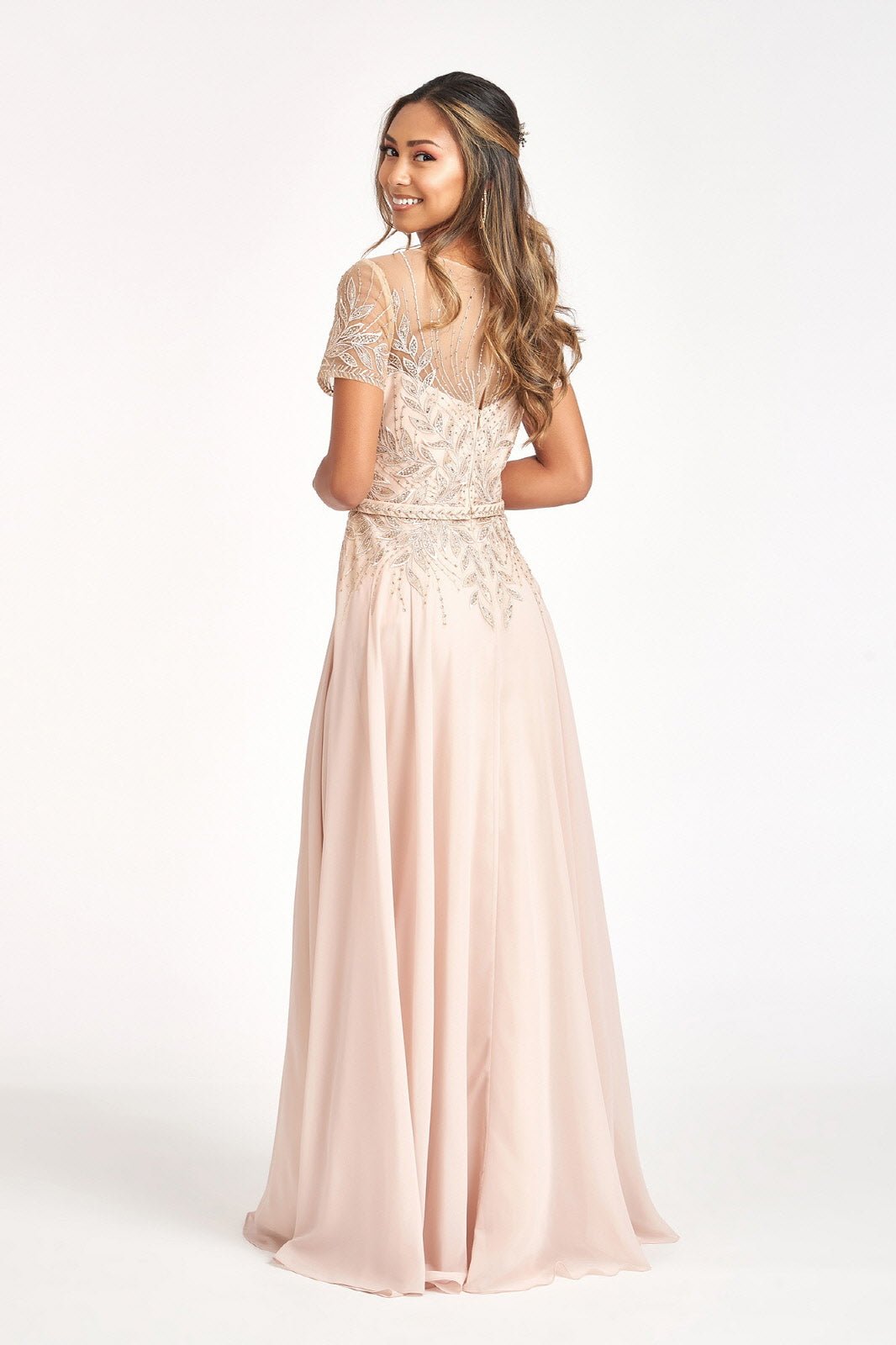 Embroidered Chiffon A-line Short Sleeves and Waistband Long Mother Of The Bride Dress GLGL3067 Sale - PrimePick
