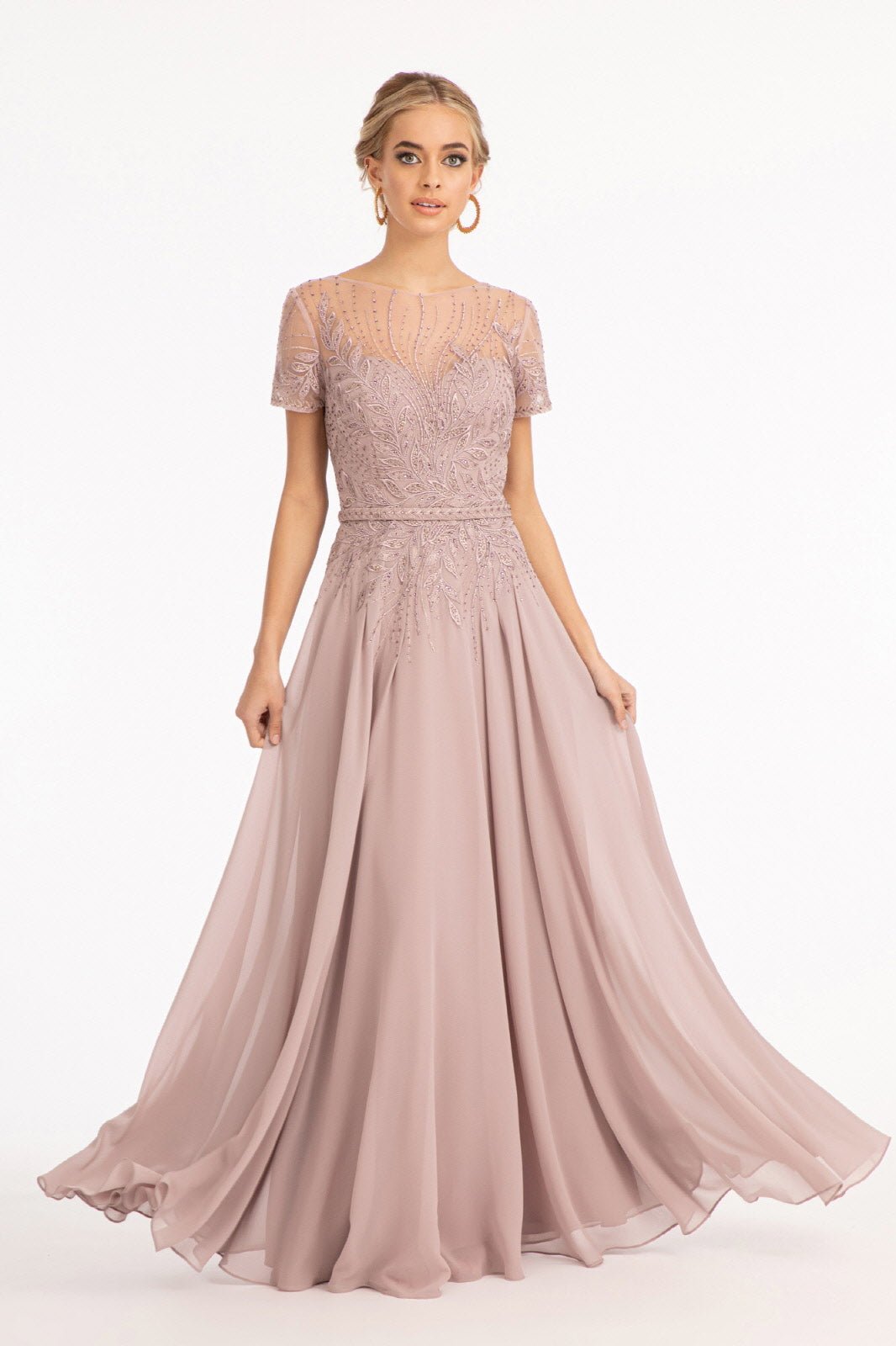 Embroidered Chiffon A-line Short Sleeves and Waistband Long Mother Of The Bride Dress GLGL3067 Sale - PrimePick