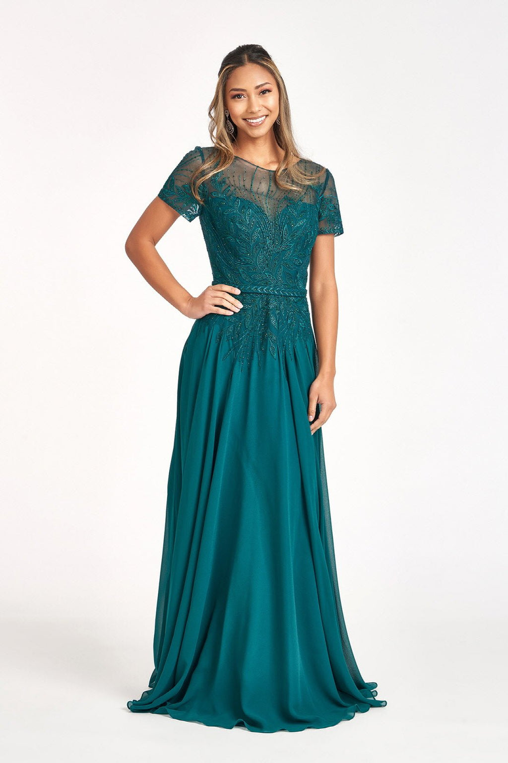 Embroidered Chiffon A-line Short Sleeves and Waistband Long Mother Of The Bride Dress GLGL3067 Sale - PrimePick