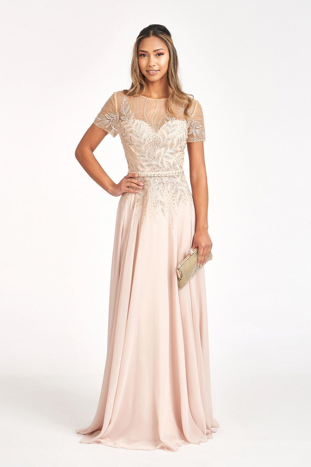 Embroidered Chiffon A-line Short Sleeves and Waistband Long Mother Of The Bride Dress GLGL3067 Sale - PrimePick