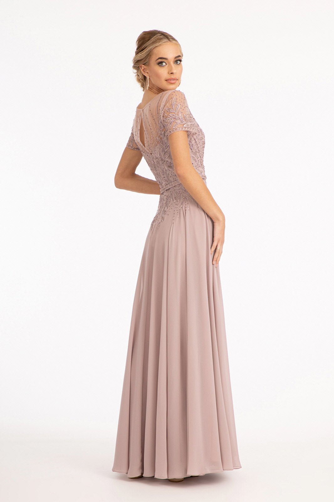 Embroidered Chiffon A-line Short Sleeves and Waistband Long Mother Of The Bride Dress GLGL3067 Sale - PrimePick