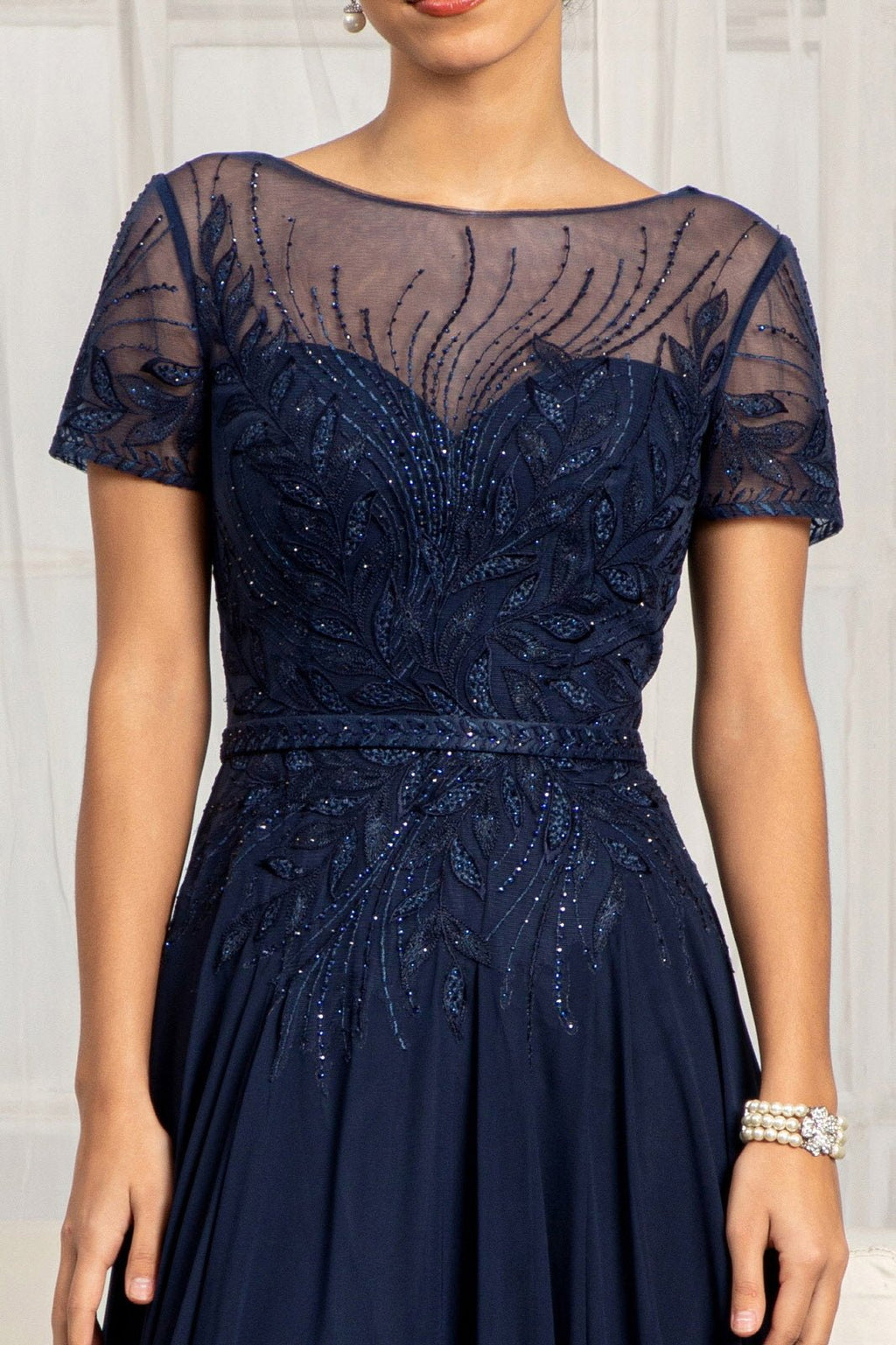 Embroidered Chiffon A-line Short Sleeves and Waistband Long Mother Of The Bride Dress GLGL3067 Sale - PrimePick
