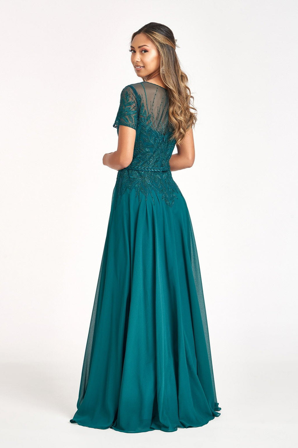 Embroidered Chiffon A-line Short Sleeves and Waistband Long Mother Of The Bride Dress GLGL3067 Sale - PrimePick