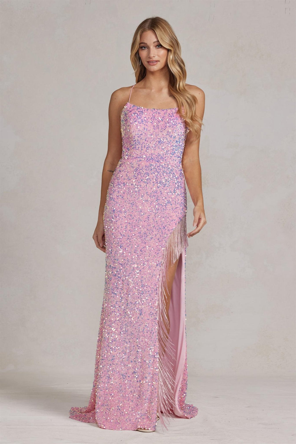 Embroidered Lace Spaghetti Straps Deep Side Slit Long Evening Dress NXT1209 - PrimePick