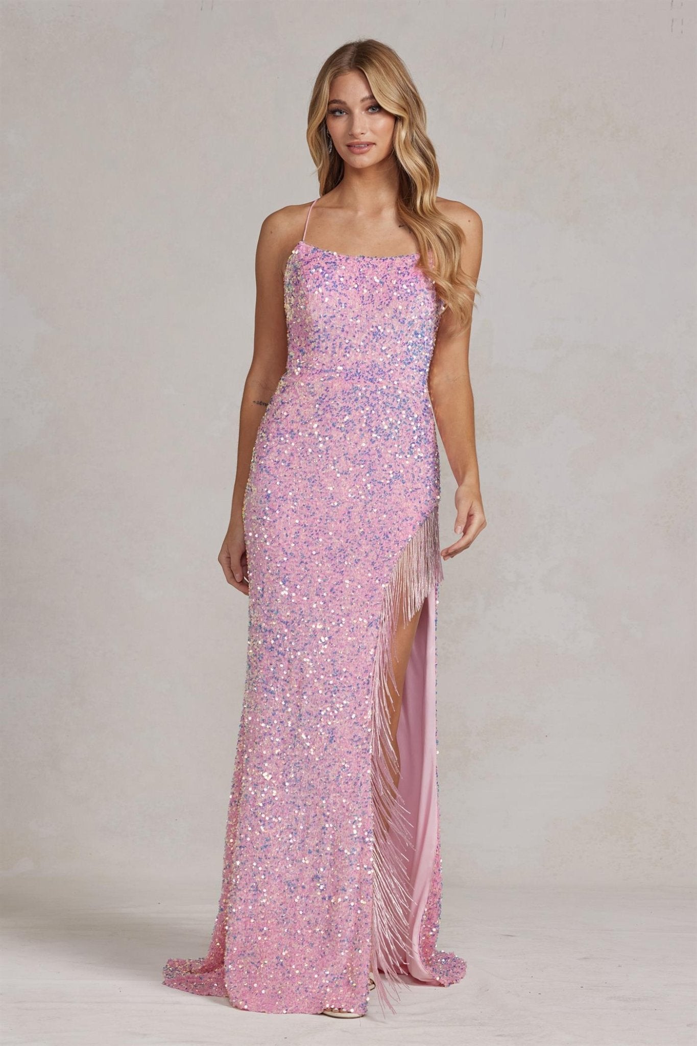 Embroidered Lace Spaghetti Straps Deep Side Slit Long Evening Dress NXT1209 - PrimePick
