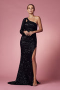 Embroidered Sequin One Shoulder Long Sleeve High Slit Long Prom Dress NXS1013 - PrimePick