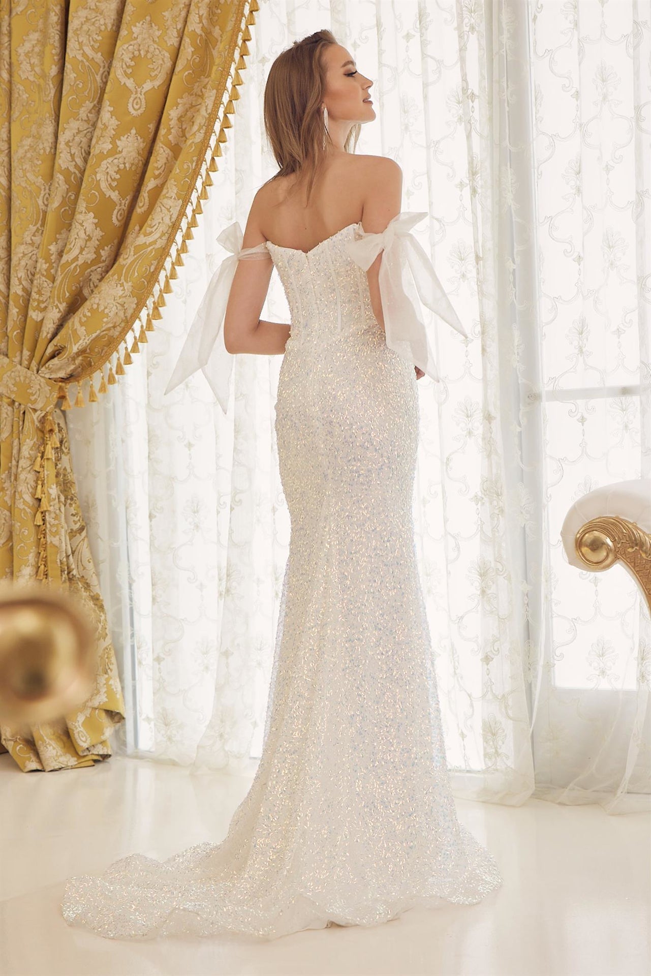 Embroidered Sequins Off Shoulder Long Wedding Dress NXC1095 - PrimePick