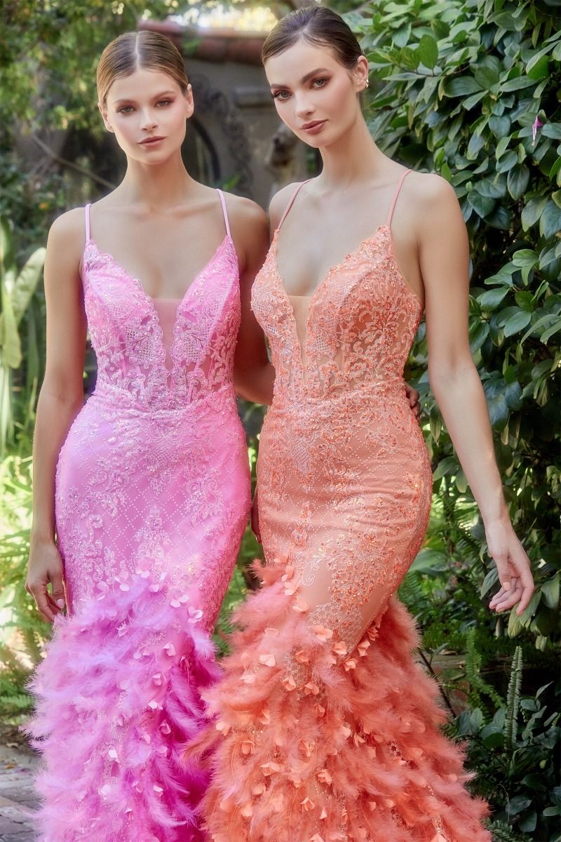 Feather Mermaid Deep V-neck Mid Open Back Laced Bodice Long Prom & Bridemaid Dress CDA1116 - PrimePick