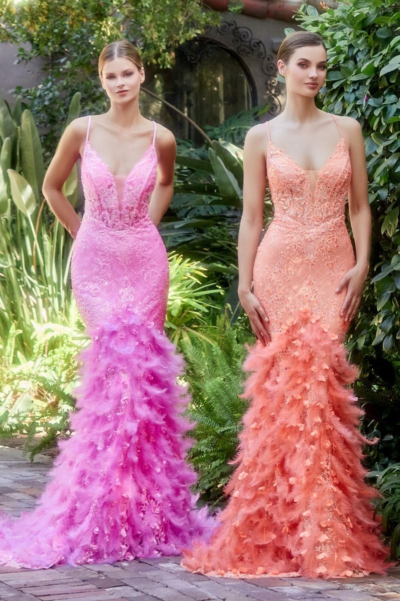 Feather Mermaid Deep V-neck Mid Open Back Laced Bodice Long Prom & Bridemaid Dress CDA1116 - PrimePick