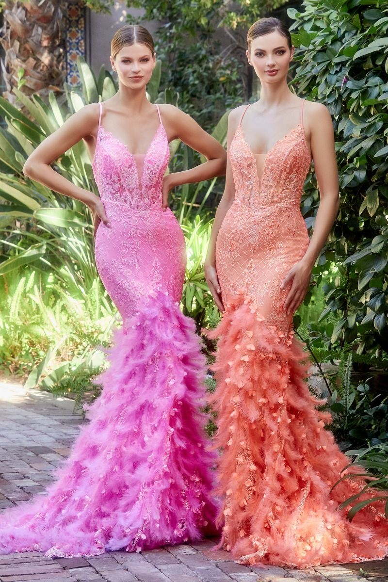 Feather Mermaid Deep V-neck Mid Open Back Laced Bodice Long Prom & Bridemaid Dress CDA1116 - PrimePick