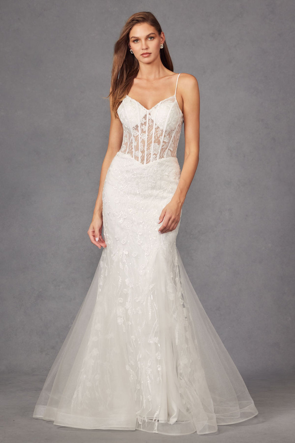 Fitted Sheer Bodice Tulle Mermaid Skirt Long Wedding Dress JTJT2441SW - PrimePick