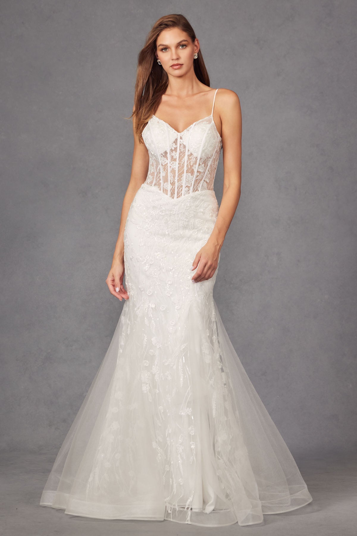 Fitted Sheer Bodice Tulle Mermaid Skirt Long Wedding Dress JTJT2441SW - PrimePick