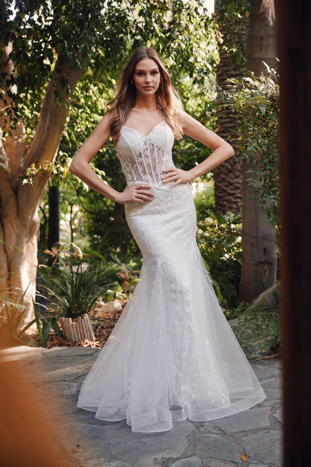 Fitted Sheer Bodice Tulle Mermaid Skirt Long Wedding Dress JTJT2441SW - PrimePick