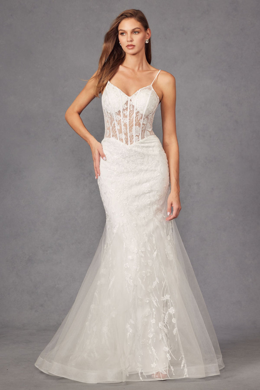 Fitted Sheer Bodice Tulle Mermaid Skirt Long Wedding Dress JTJT2441SW - PrimePick