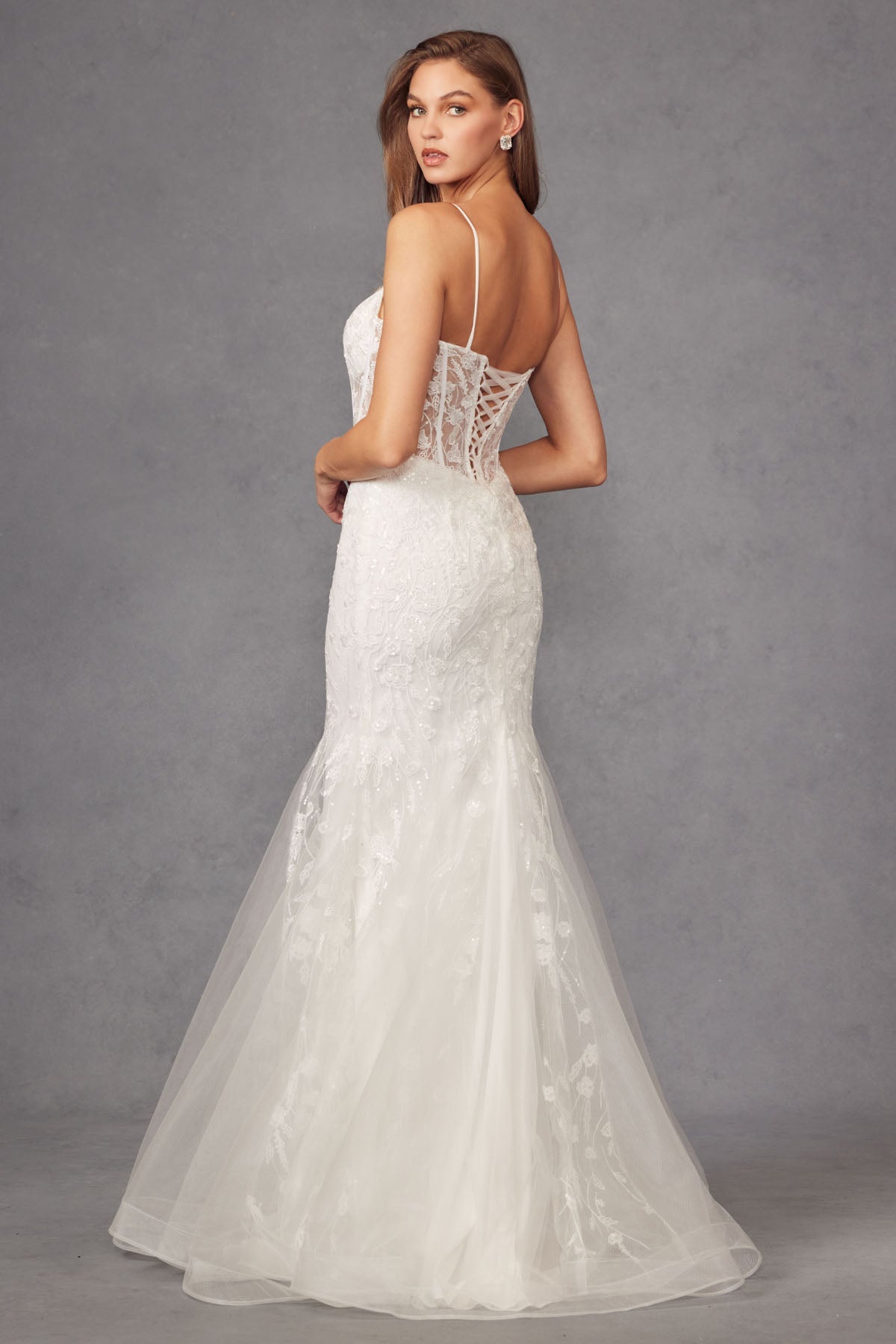 Fitted Sheer Bodice Tulle Mermaid Skirt Long Wedding Dress JTJT2441SW - PrimePick