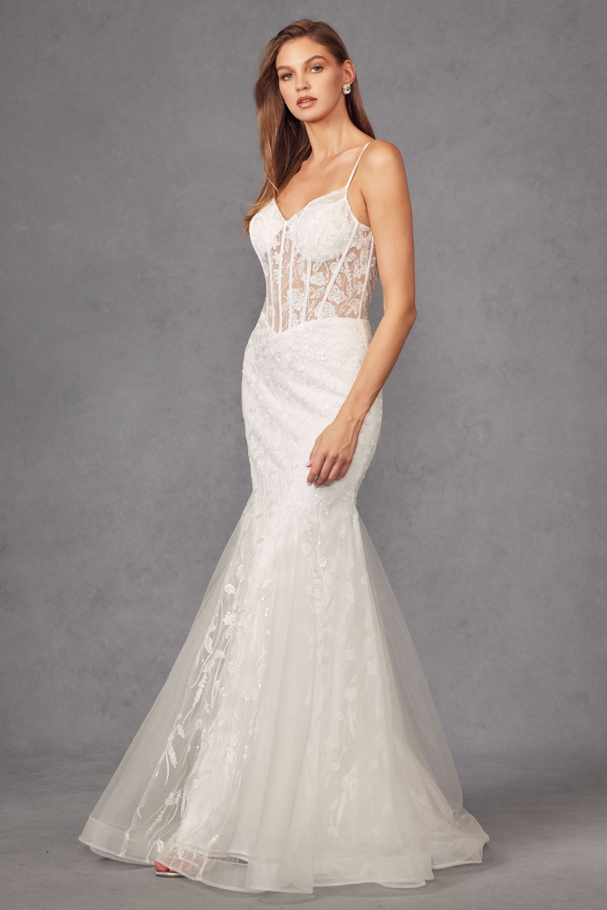 Fitted Sheer Bodice Tulle Mermaid Skirt Long Wedding Dress JTJT2441SW - PrimePick