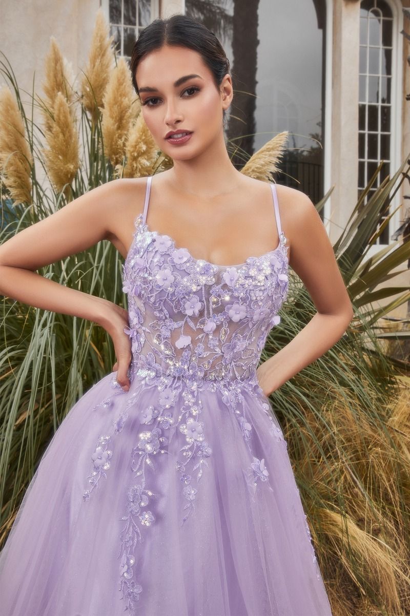 Floral Applique A-Line Scoop Neck Adjustable Open Back Bodice Long Boho & Prom Dress CDA1142 - PrimePick