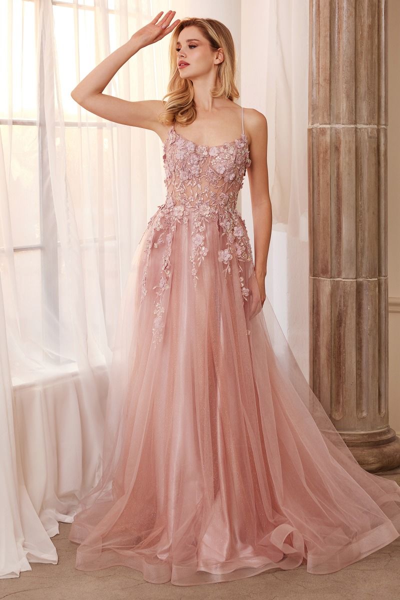 Floral Applique A-Line Scoop Neck Adjustable Open Back Bodice Long Boho & Prom Dress CDA1142 - PrimePick