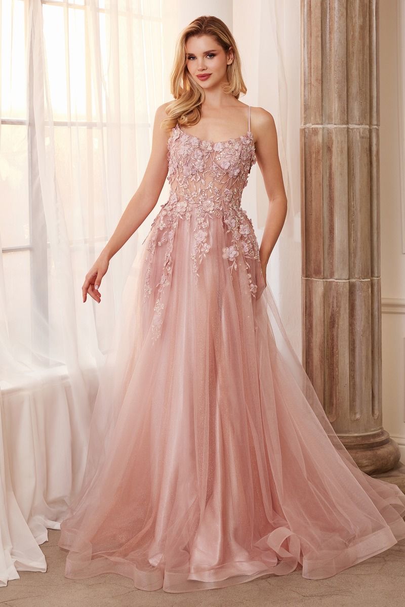 Floral Applique A-Line Scoop Neck Adjustable Open Back Bodice Long Boho & Prom Dress CDA1142 - PrimePick