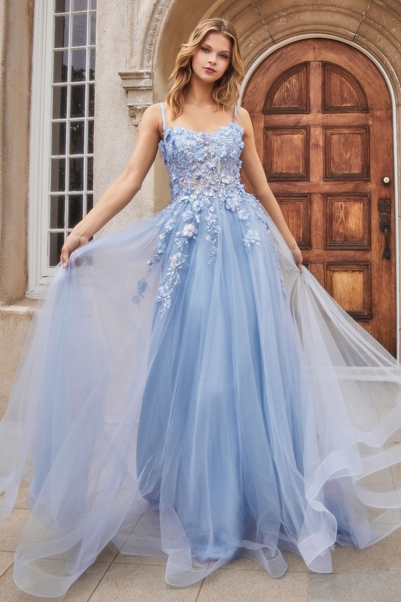 Floral Applique A-Line Scoop Neck Adjustable Open Back Bodice Long Boho & Prom Dress CDA1142 - PrimePick