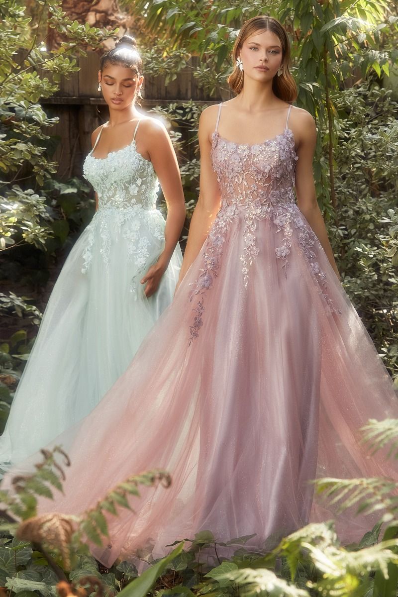 Floral Applique A-Line Scoop Neck Adjustable Open Back Bodice Long Boho & Prom Dress CDA1142 - PrimePick