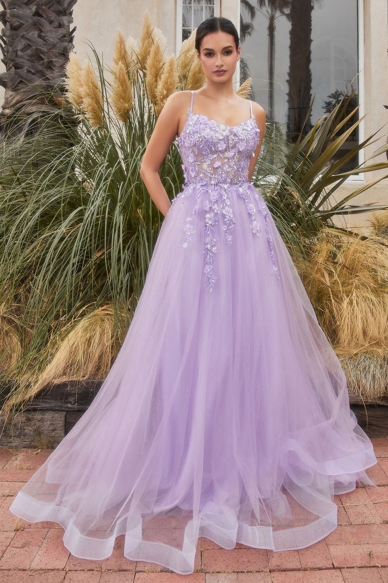 Floral Applique A-Line Scoop Neck Adjustable Open Back Bodice Long Boho & Prom Dress CDA1142 - PrimePick