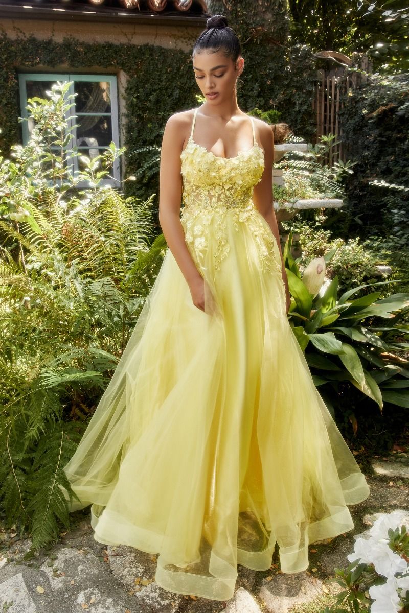 Floral Applique A-Line Scoop Neck Adjustable Open Back Bodice Long Boho & Prom Dress CDA1142 - PrimePick