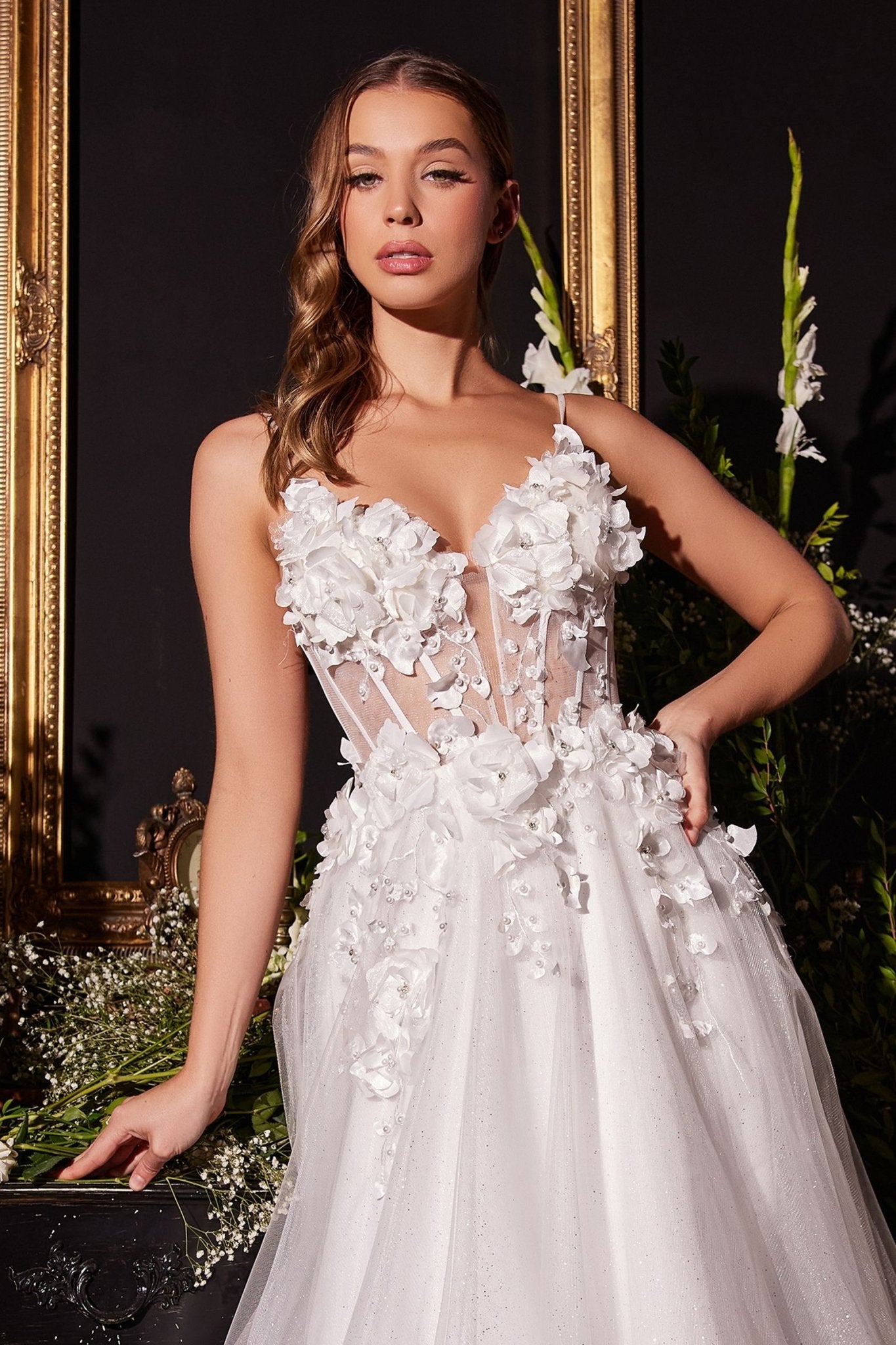 FLORAL APPLIQUE A - LINE TULLE BRIDAL GOWN CDCM321W - PrimePick