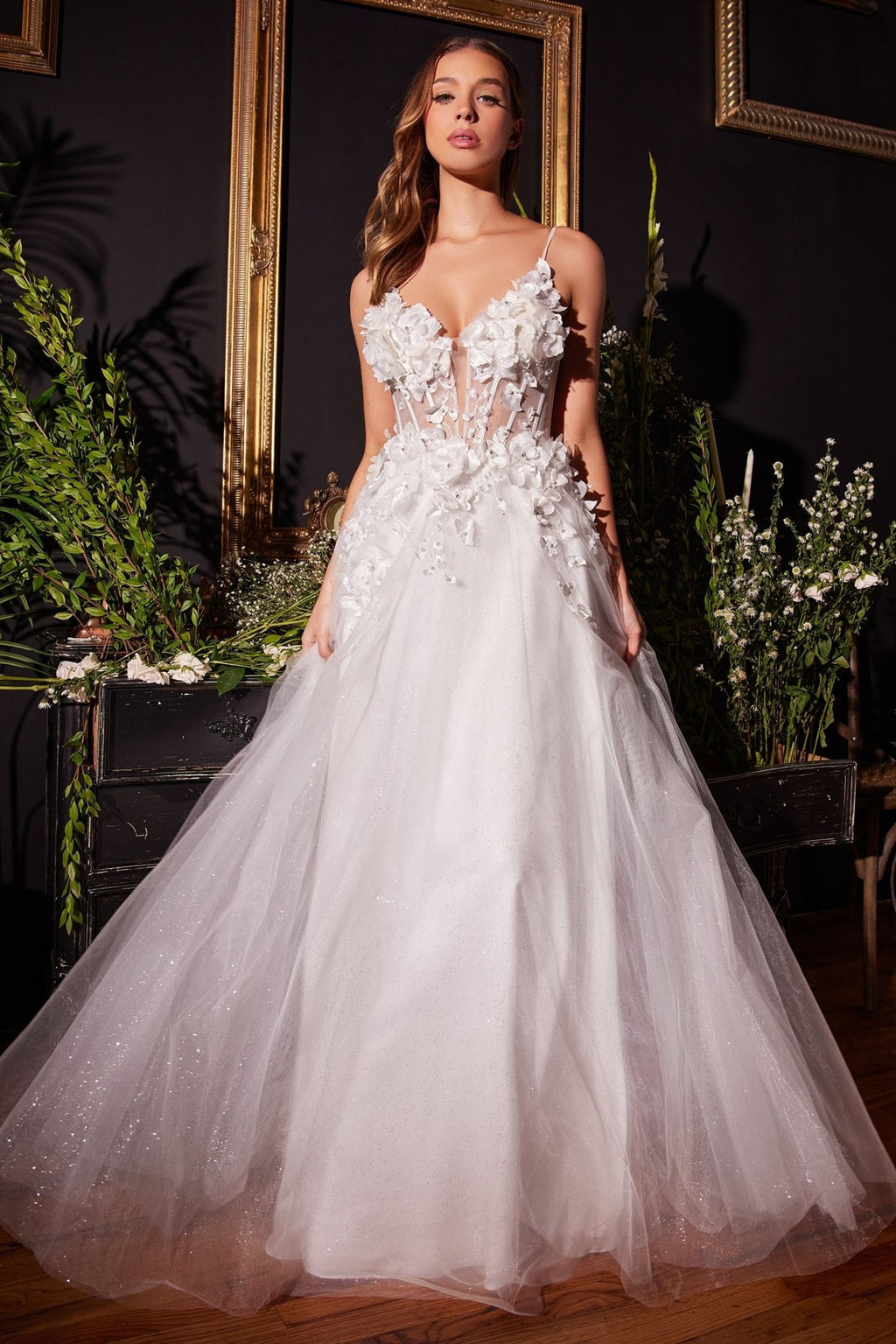 FLORAL APPLIQUE A - LINE TULLE BRIDAL GOWN CDCM321W - PrimePick