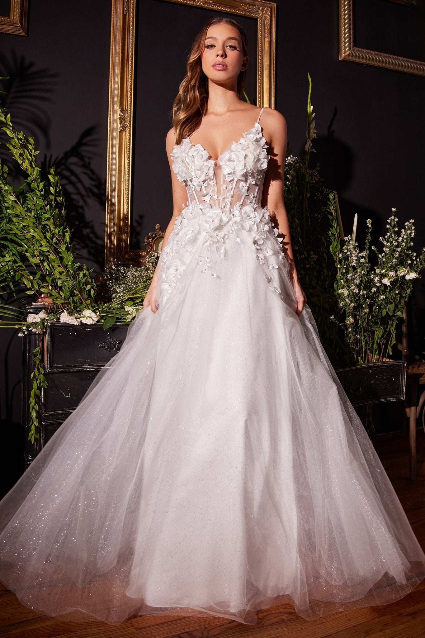 FLORAL APPLIQUE A - LINE TULLE BRIDAL GOWN CDCM321W - PrimePick