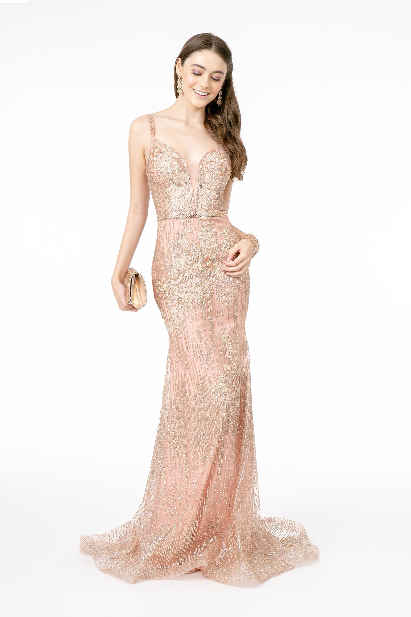 Floral Embroidery Glitter Mesh Mermaid w/ Jeweled Waist Band Long Prom Dress GLGL2889 - PrimePick