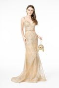 Floral Embroidery Glitter Mesh Mermaid w/ Jeweled Waist Band Long Prom Dress GLGL2889 - PrimePick
